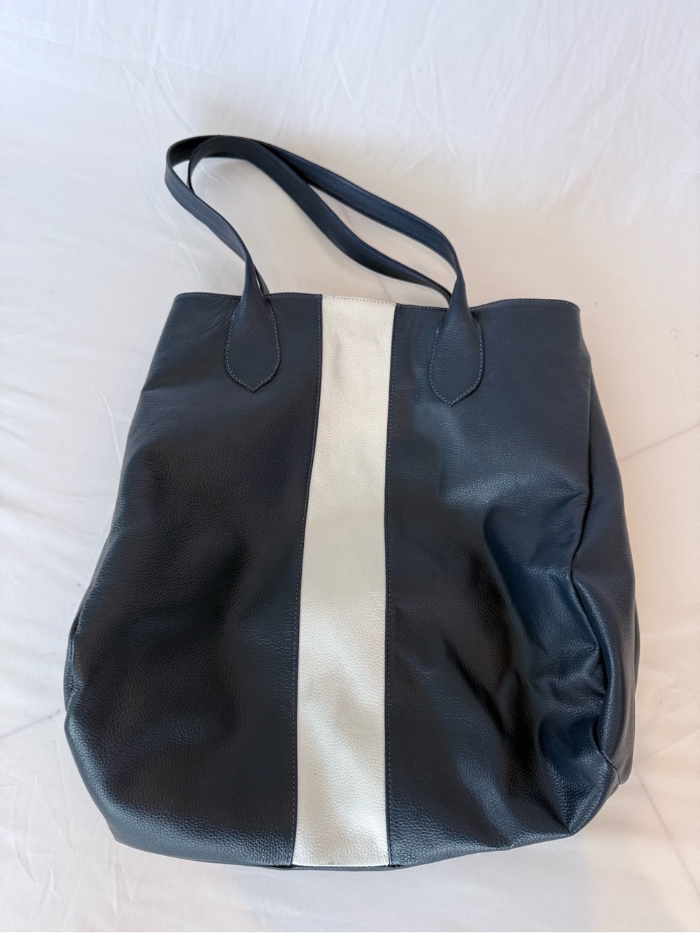 Classic Navy Tote with White Center Stripe - Women's 100%  Leather Shoulder Bag - Picture 14 of 16